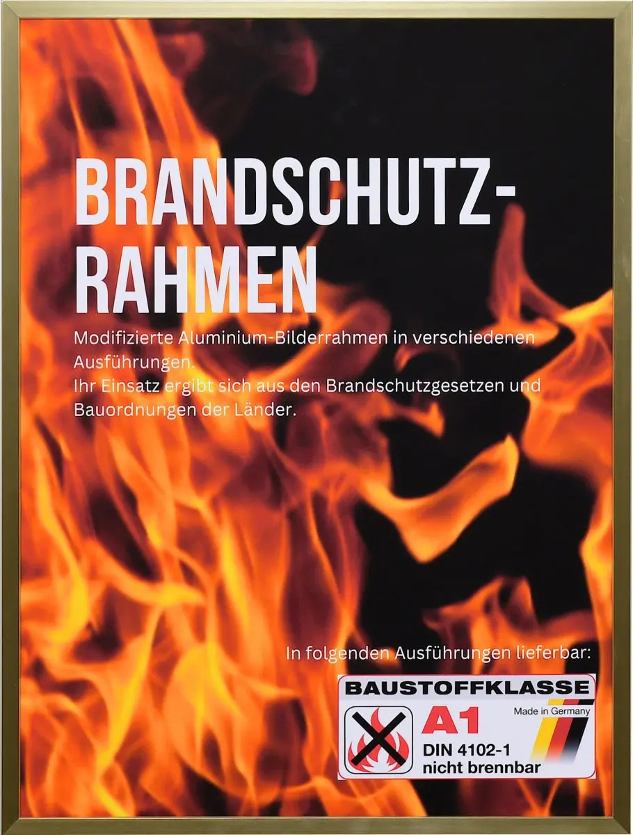 Frontansicht eines goldenen, kantigen, stabilen Brandschutzrahmens aus eloxierten Aluminium