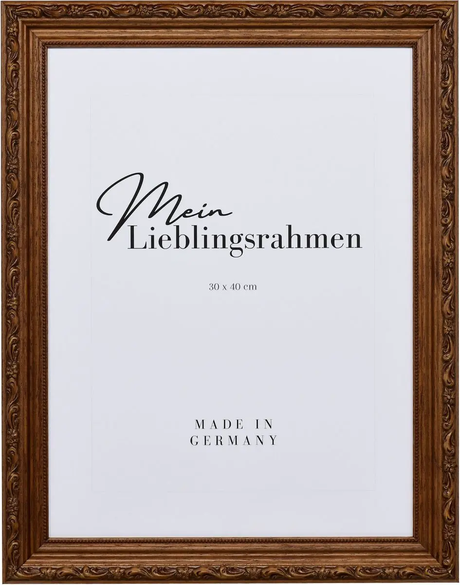 Frontansicht eines braunen Holzrahmens im Barockstil mit rustikaler, nussbaumgebeizter Oberfläche, floralen Ornamenten und einem Perlstab an der Innenkante