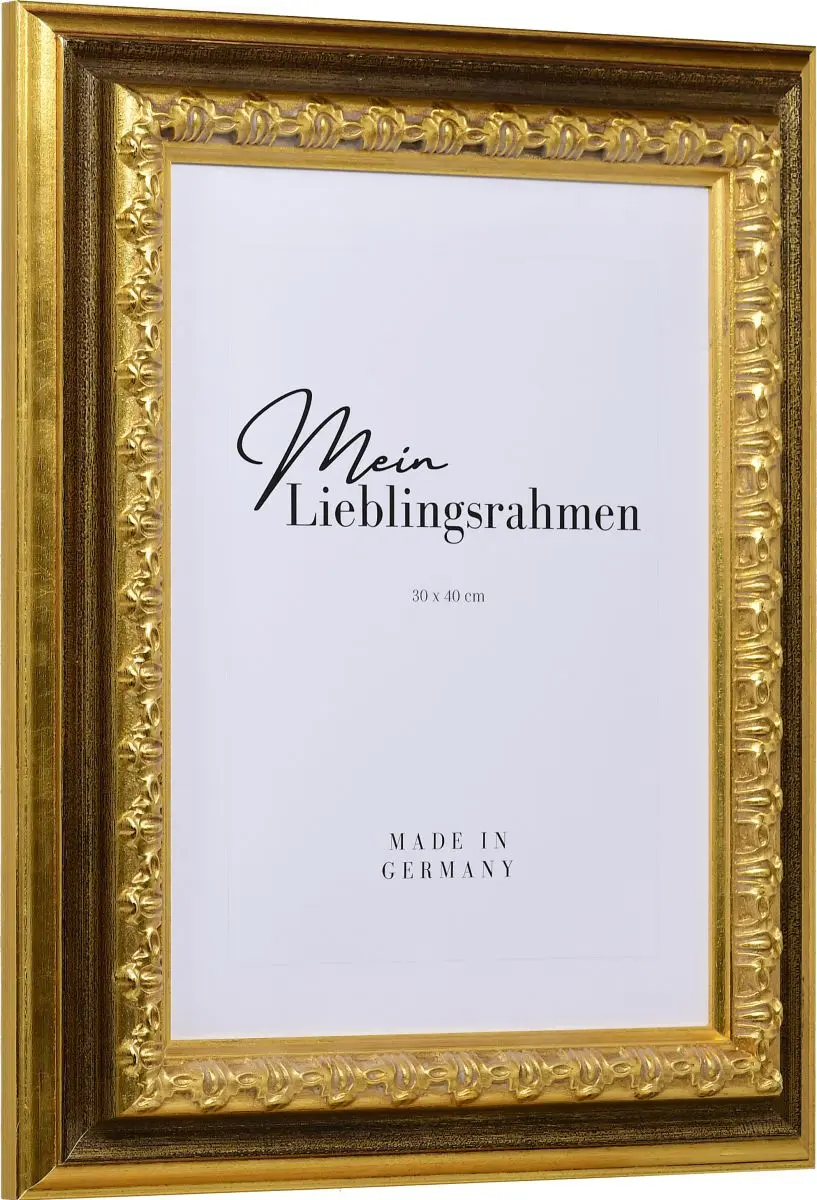 Seitenansicht eines goldenen, in Handarbeit hergestellten Bilderrahmens mit Barockleiste und royalem Charme