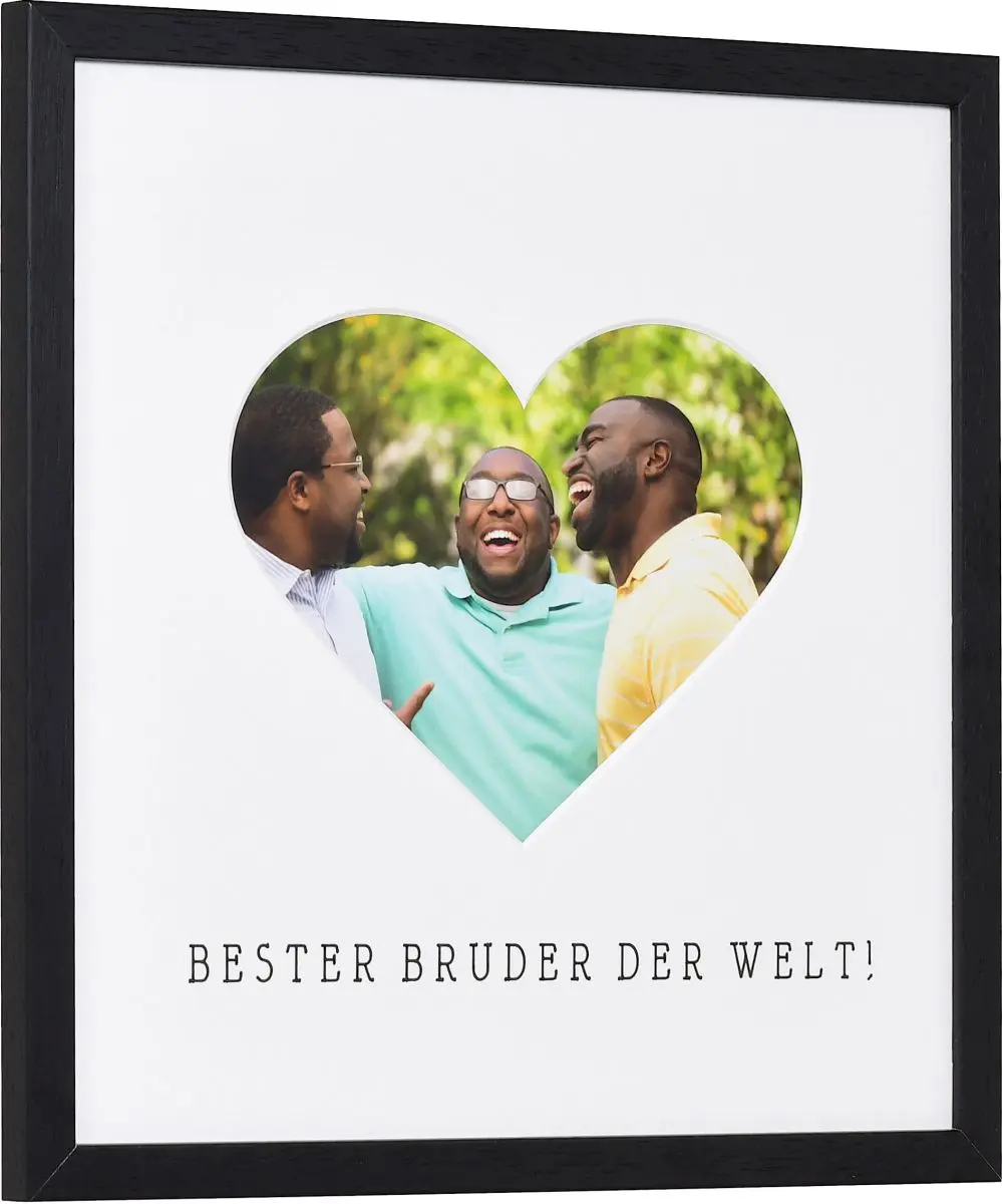 seitliche Ansicht eines Bilderrahmens mit Herzausschnitt für den besten Bruder der Welt in der Farbe Schwarz