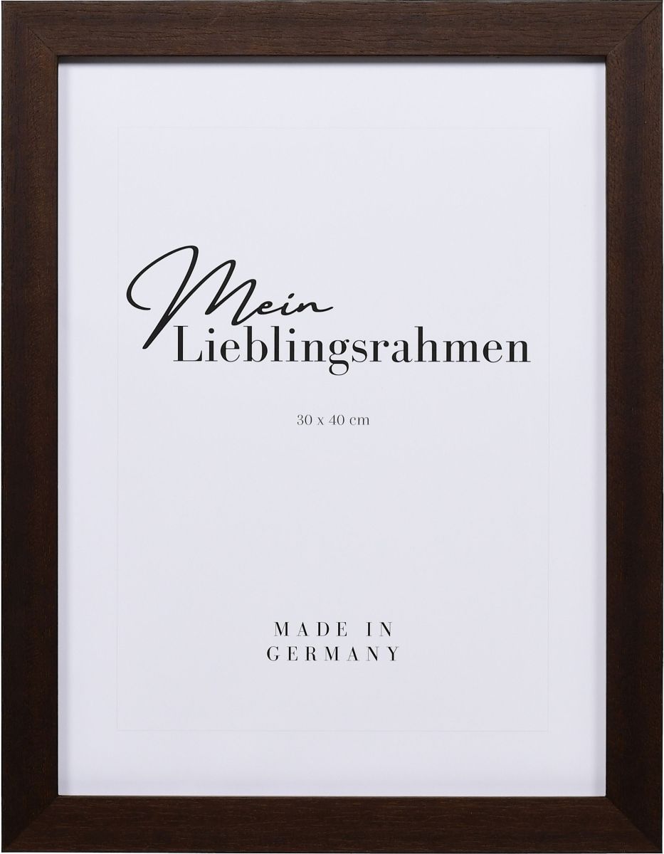 Frontansicht eines dunkelbraunen Holzrahmens, 50x70 cm, offenporig lackiert mit sicht- und fühlbarer Holzstruktur 