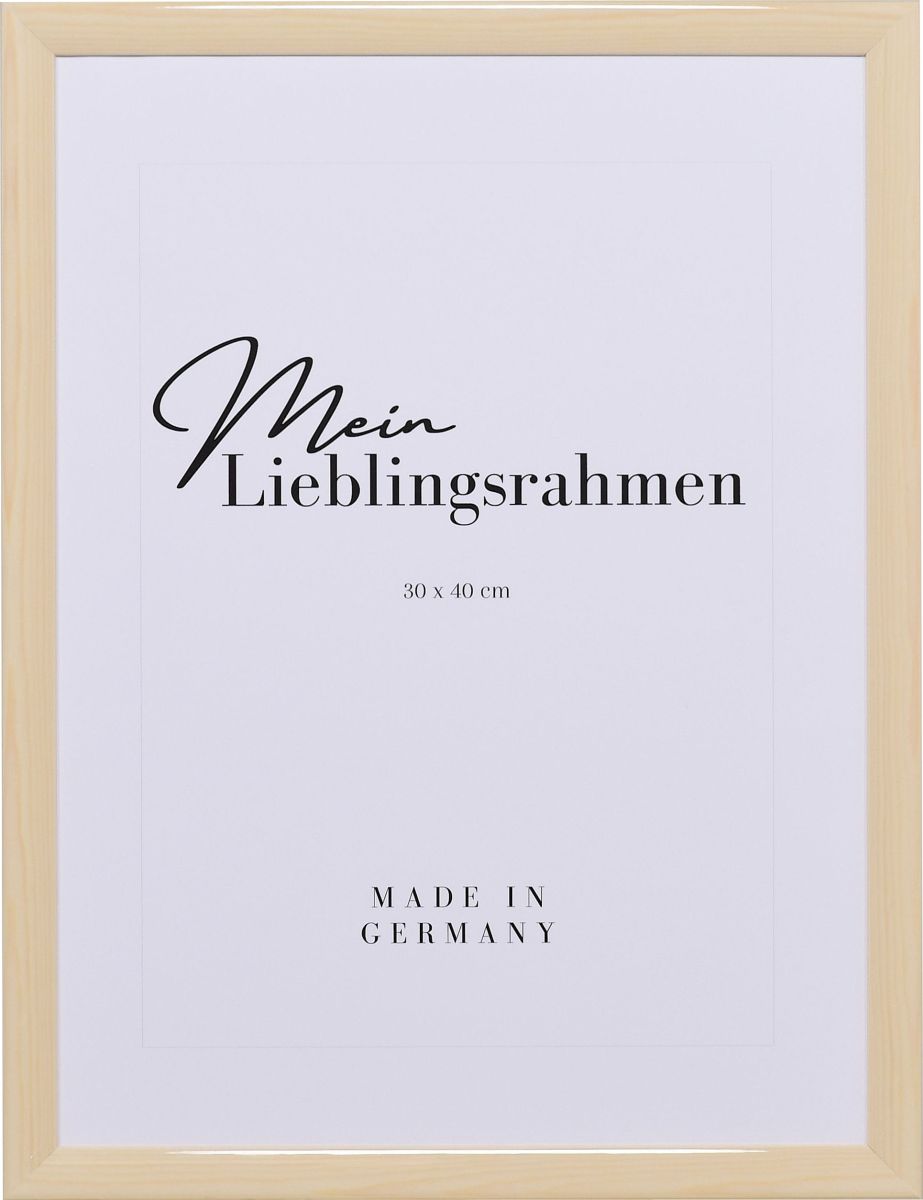 Frontansicht eines weissen Bilderrahmens mit glatter Hochglanz-Oberfläche und sichtbarer Holzstruktur