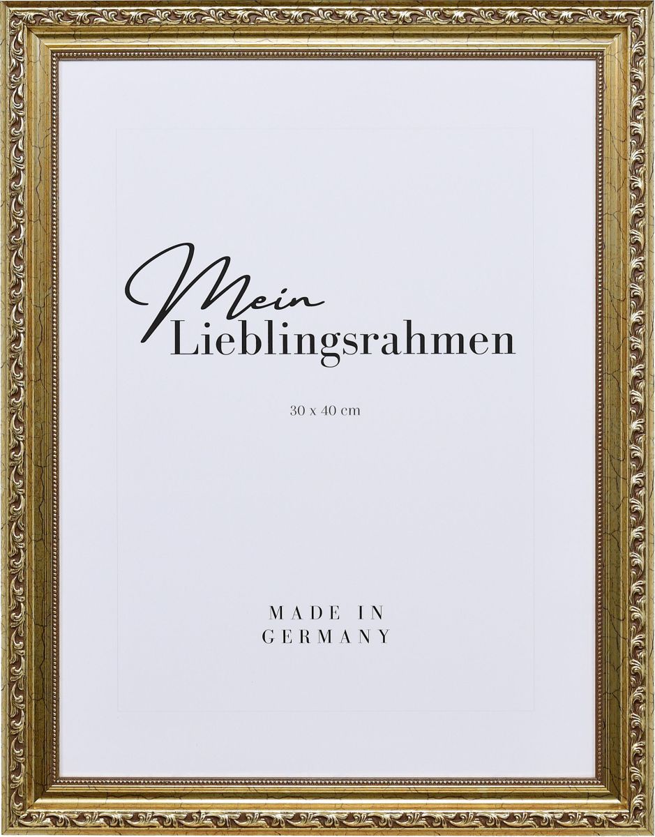 Frontansicht eines verspielten, barocken Holzrahmens in der Farbe Antiksilber mit floralen Ornamenten und einen zarten Perlstab 