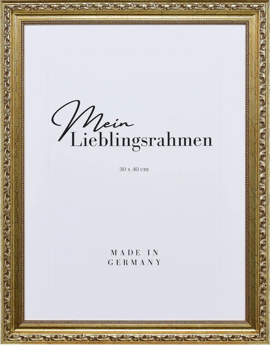 Frontansicht eines verspielten, barocken Holzrahmens in der Farbe Antiksilber mit floralen Ornamenten und einen zarten Perlstab 