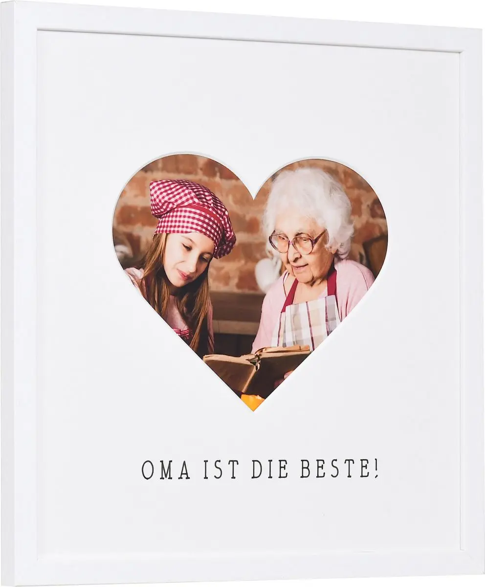 seitliche Ansicht eines Bilderrahmens mit Herzausschnitt für Oma in der Farbe Weiss