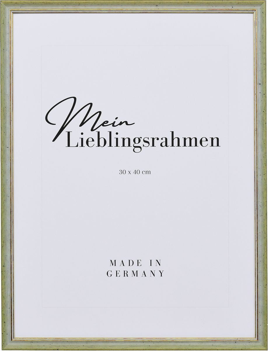 Frontansicht eines grünen Vintage Holzrahmens mit leicht aufgerauter Oberfläche und goldener Zierkante