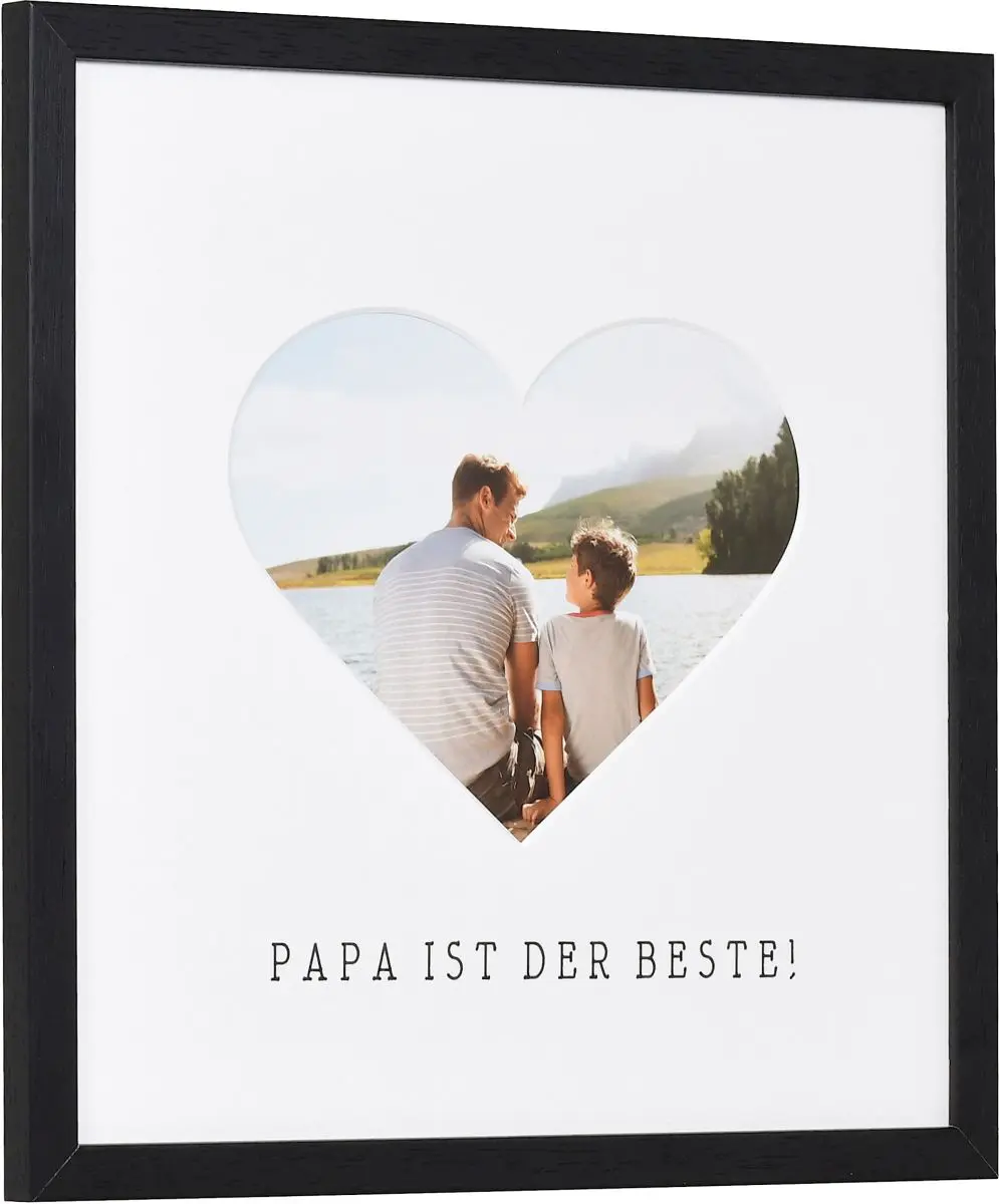 seitliche Ansicht eines Bilderrahmens mit Herzausschnitt für Papa in der Farbe Schwarz