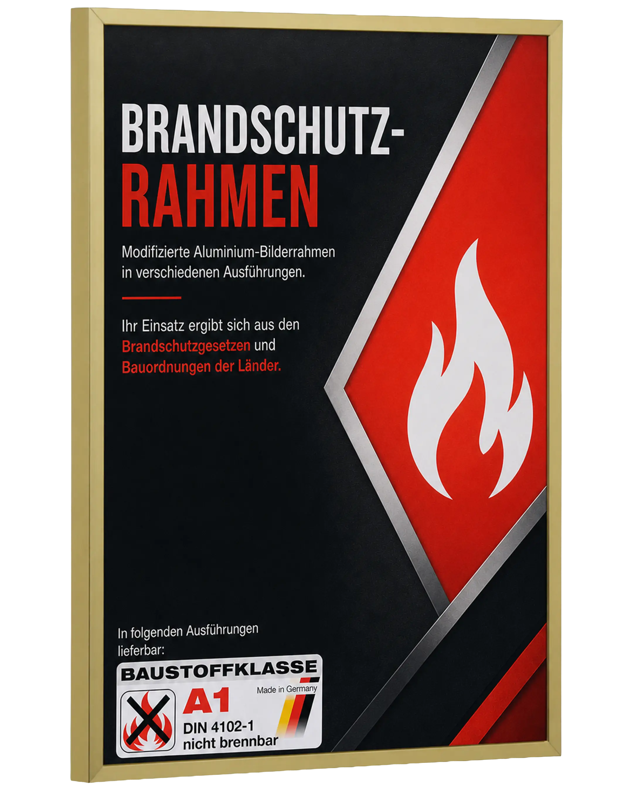 Bilderrahmen Aluminium Mika Brandschutz Zertifikat A1 Gold – Seitenansicht