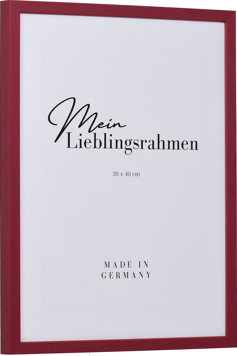 Seitenansicht eines roten, schmalen Bilderrahmens