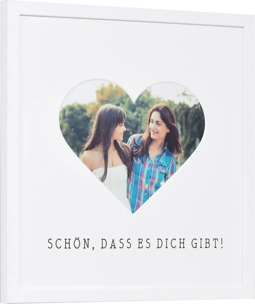 seitliche Ansicht eines Bilderrahmens mit Herzausschnitt zum Verschenken in der Farbe Weiss