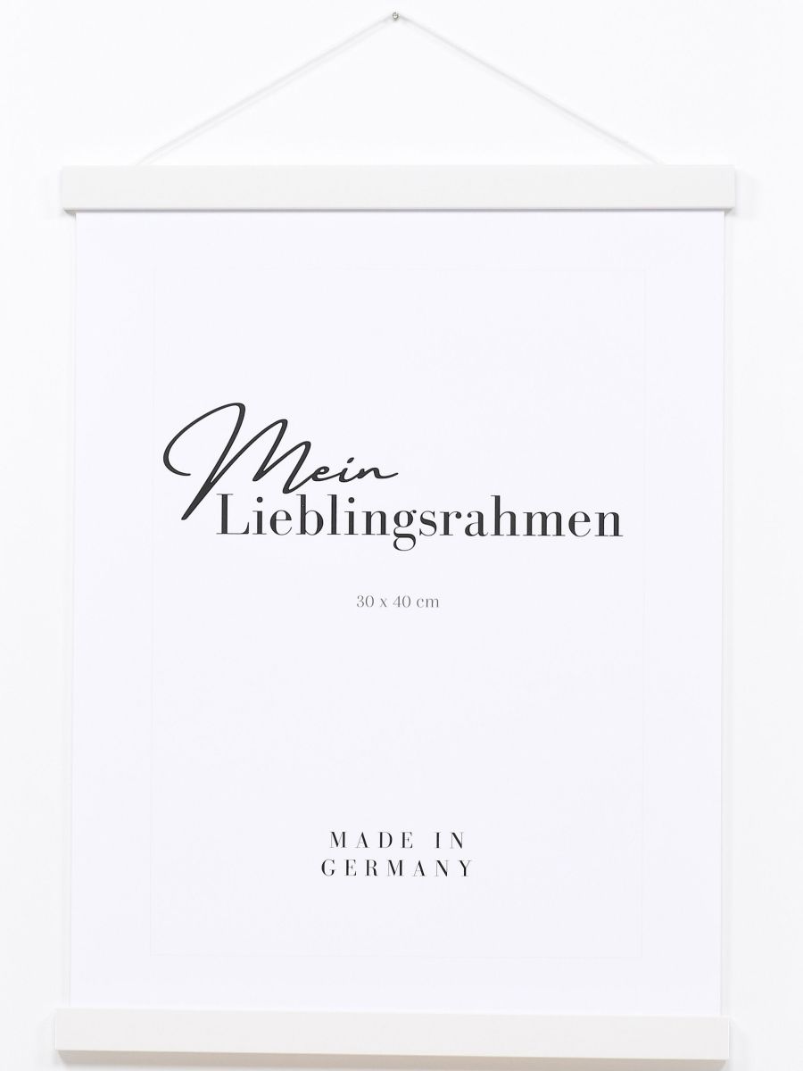 Frontansicht eines weissen Holz-Posterhängers