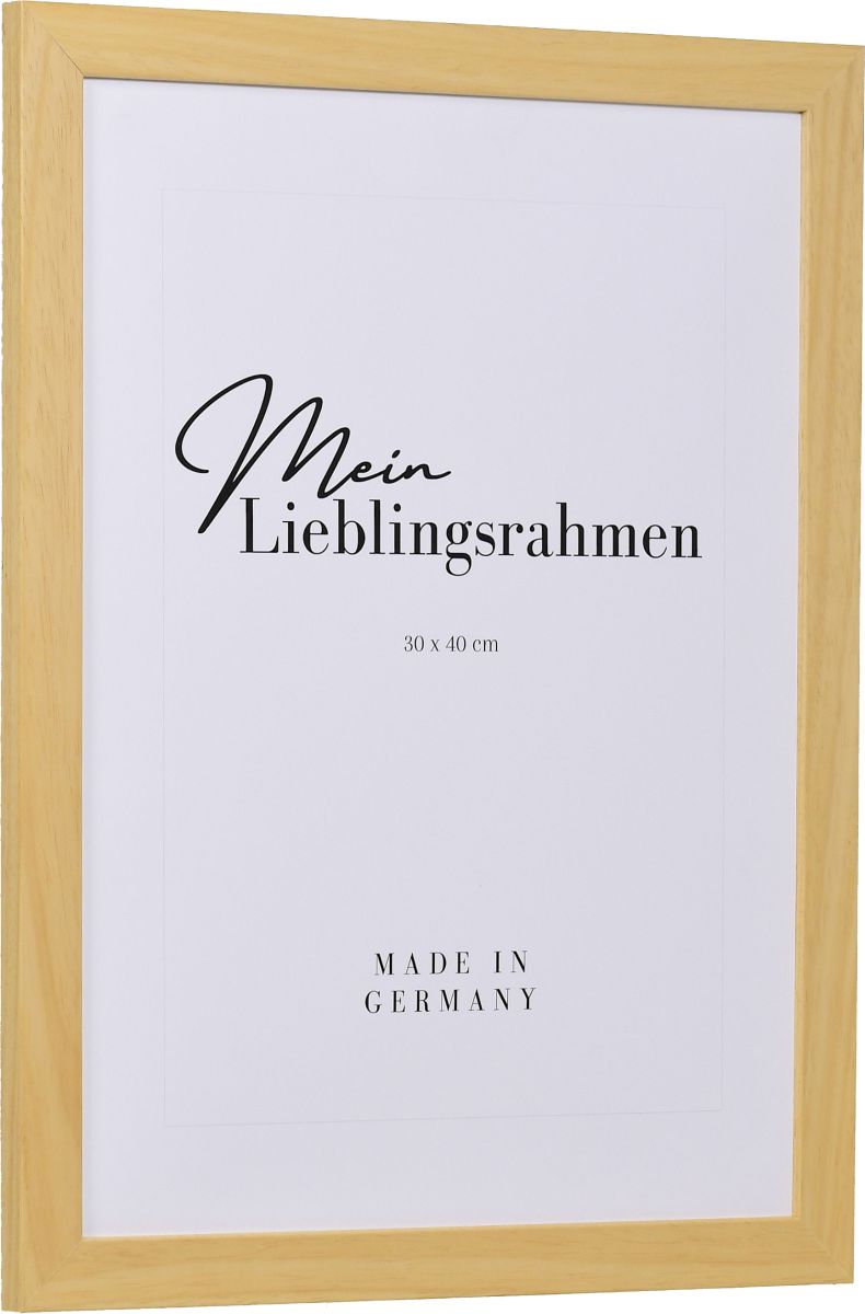 Seitenansicht eines naturfarbenen Bilderrahmens mit sichtbarer Holzstruktur, glatter Oberfläche und kantigem, schlichtem Profil