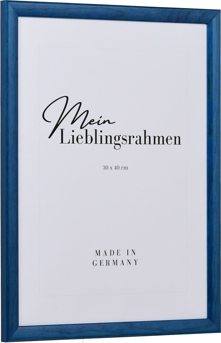 Seitenansicht eines blauen Bilderrahmens mit glatter Hochglanz-Oberfläche und sichtbarer Holzstruktur