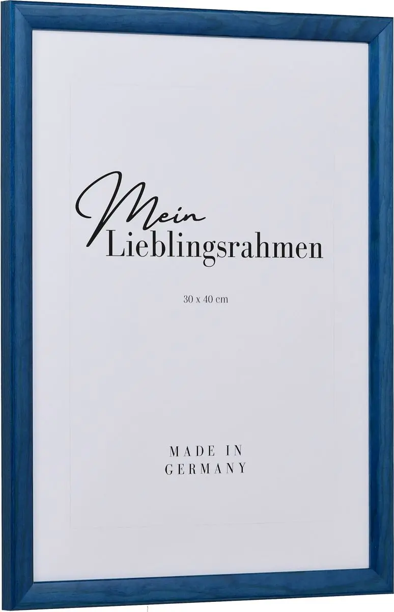 Seitenansicht eines blauen Bilderrahmens mit glatter Hochglanz-Oberfläche und sichtbarer Holzstruktur