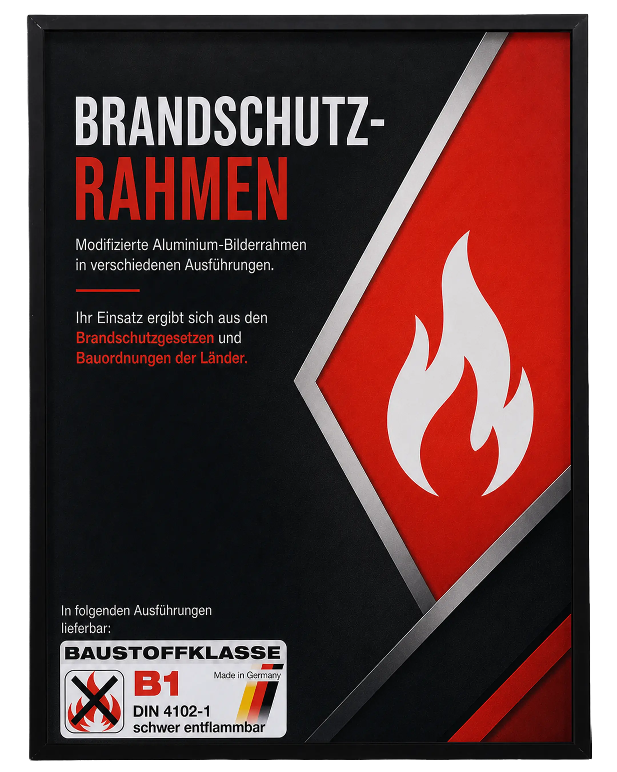 Bilderrahmen Aluminium Mika Brandschutz Zertifikat B1 Schwarz – Frontansicht