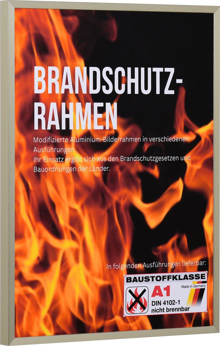 Seitenansicht eines champagnerfarbenen, kantigen, stabilen Brandschutzrahmens aus eloxierten Aluminium