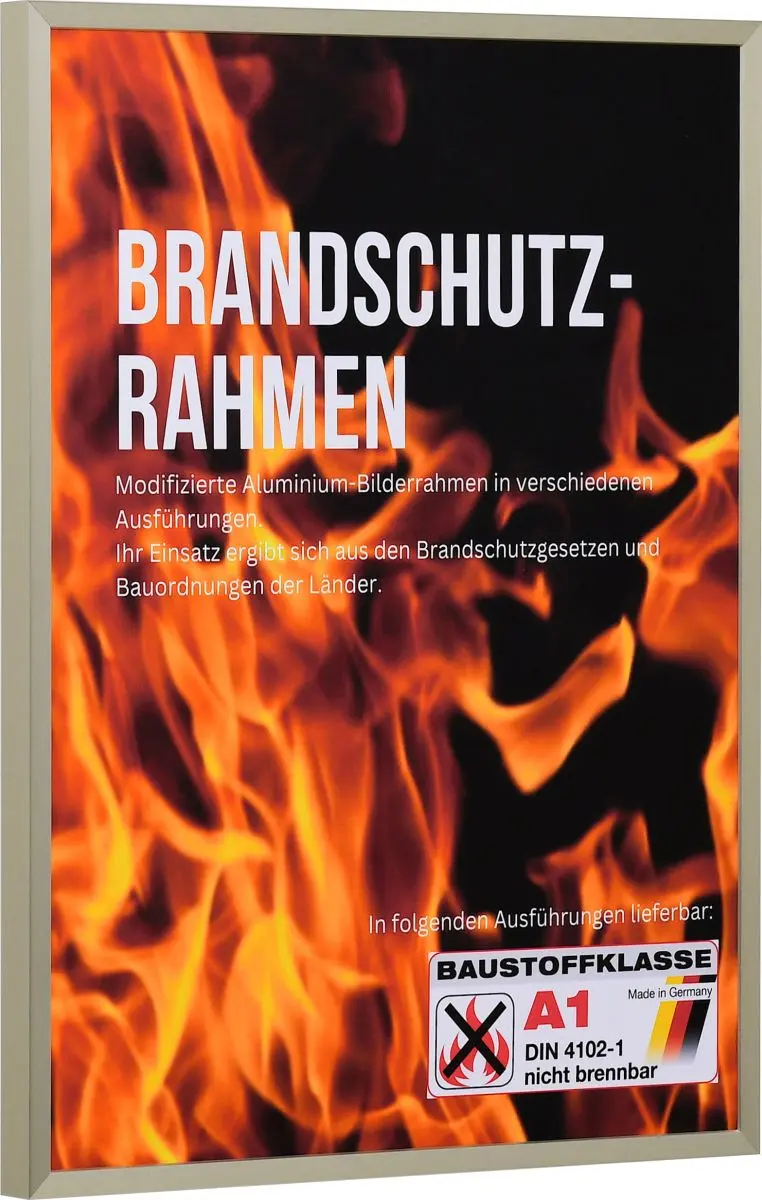 Seitenansicht eines champagnerfarbenen, kantigen, stabilen Brandschutzrahmens aus eloxierten Aluminium