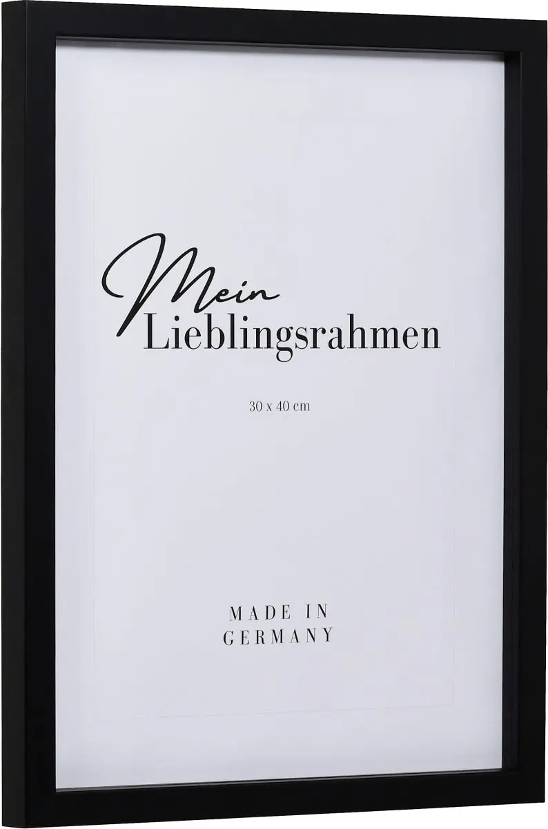 Seitenansicht eines schwarzen Bilderrahmens A4 mit glatter Oberfläche und schlichtem Design