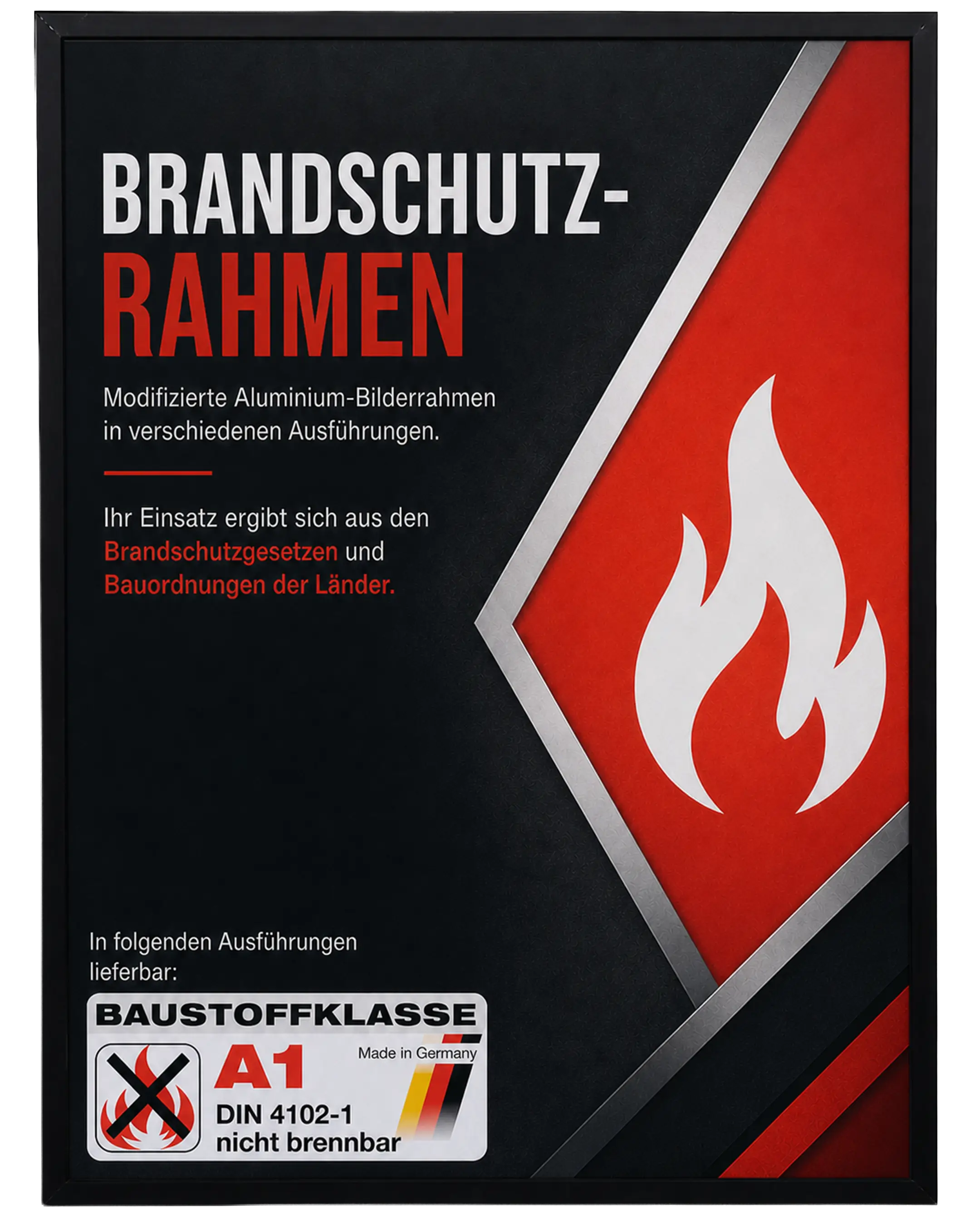 Bilderrahmen Aluminium Mika Brandschutz Zertifikat A1 Schwarz – Frontansicht
