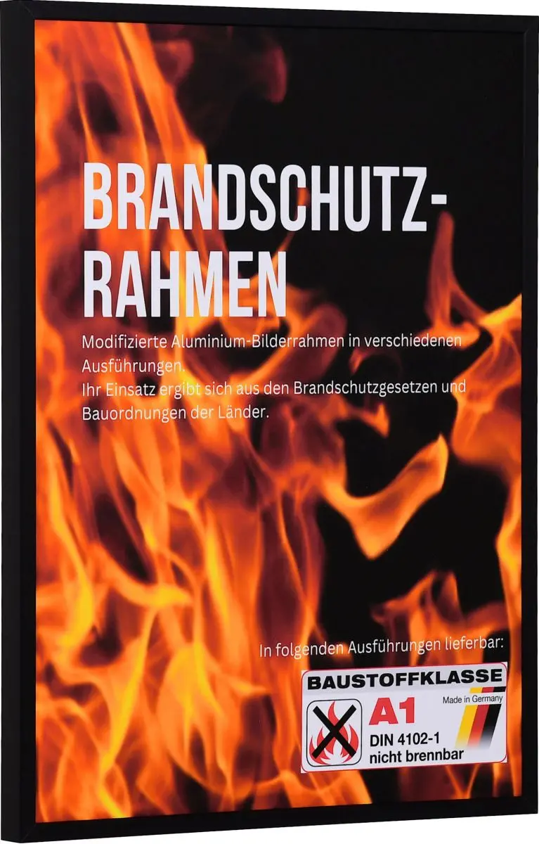 Seitenansicht eines schwarzen, kantigen, stabilen Brandschutzrahmens aus eloxierten Aluminium