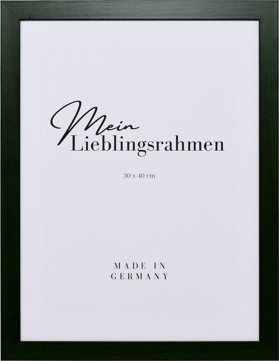 Frontansicht eines tannengrünen Bilderrahmens mit sichtbarer Holzstruktur, glatter Oberfläche und kantigem, schlichtem Profil