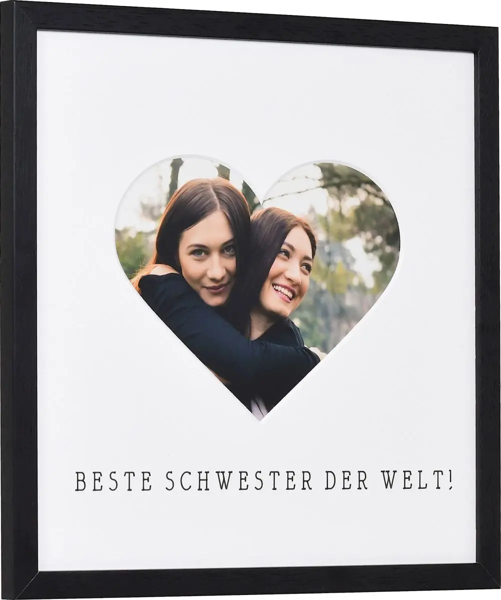 seitliche Ansicht eines Bilderrahmens mit Herzausschnitt für die beste Schwester der Welt in der Farbe Schwarz