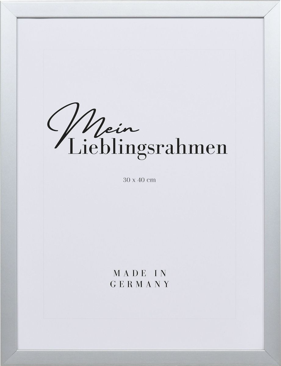 Frontansicht eines silberfarbenen Bilderrahmens mit geschlossener, glatter Oberfläche und würfelförmigem Profil