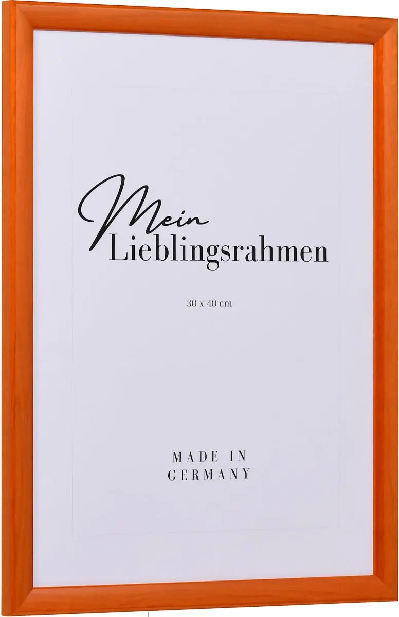 Seitenansicht eines orangenen Bilderrahmens mit glatter Hochglanz-Oberfläche und sichtbarer Holzstruktur
