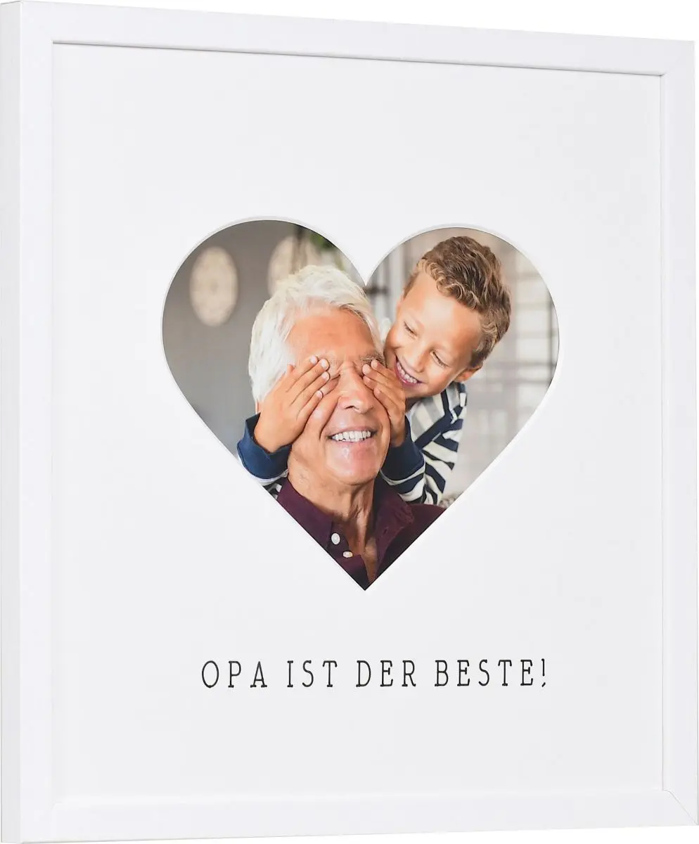 seitliche Ansicht eines Bilderrahmens mit Herzausschnitt für Opa in der Farbe Weiss