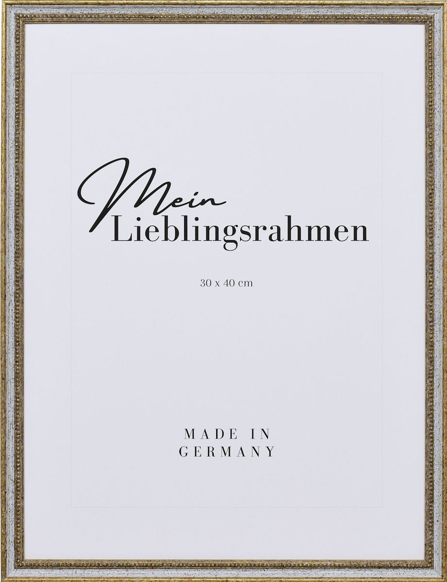 Frontansicht eines klassischen, weissen, antiken Holzrahmens mit Perlkante