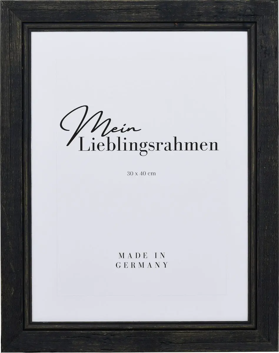 Frontansicht eines schwarzen, offenporig lackierten Holzrahmens mit Flachprofil und Rundstab an der Innenkante