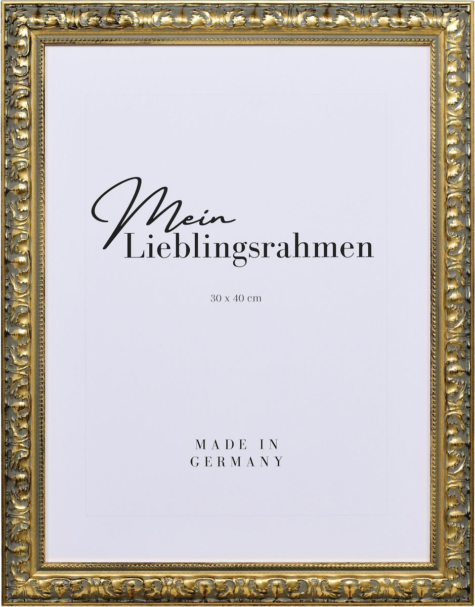 Frontansicht eines goldenen Holzrahmens im eleganten, barocken Look mit in Handarbeit aufgebürstetem Schlagmetall und Perlkante 