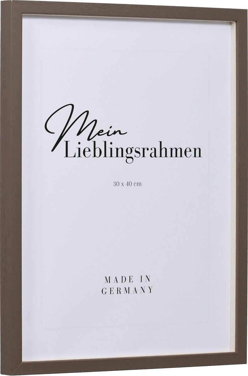 Seitenansicht eines dunkelbraunen, modernen, schmalen Bilderrahmens