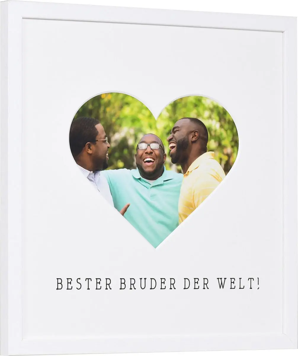seitliche Ansicht eines Bilderrahmens mit Herzausschnitt für den besten Bruder der Welt in der Farbe Weiss