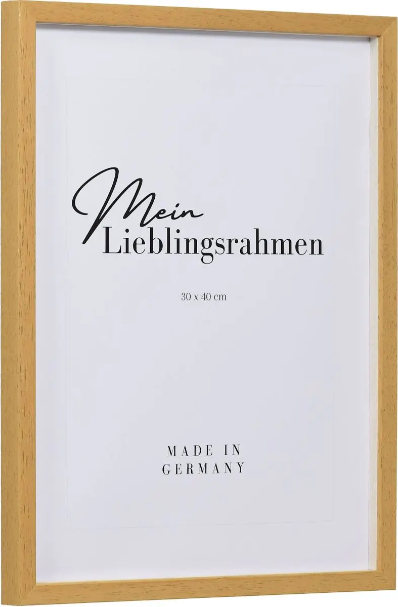 Seitenansicht eines eichenfarbenen, schmalen Bilderrahmens