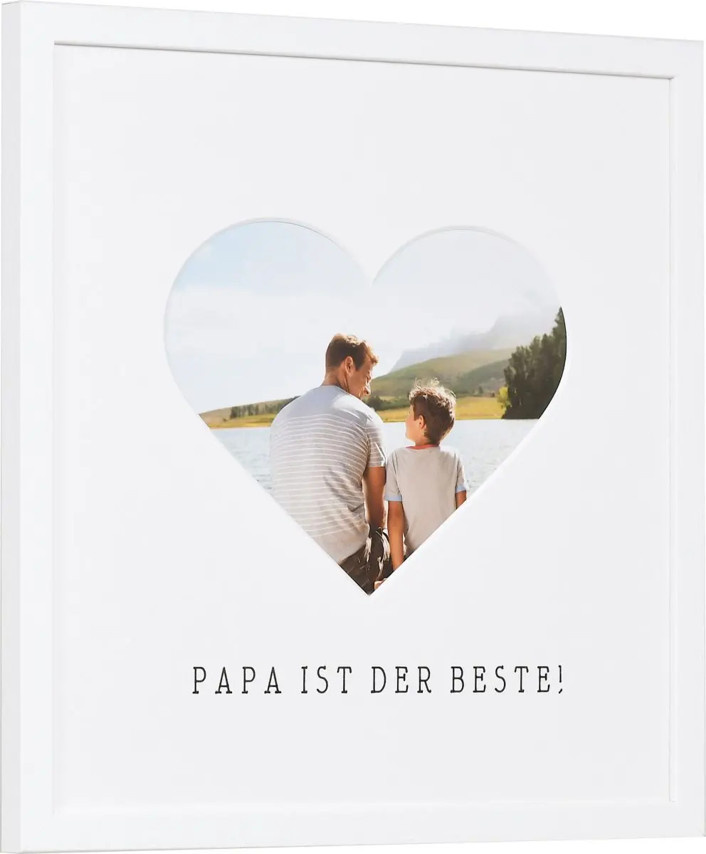 seitliche Ansicht eines Bilderrahmens mit Herzausschnitt für Papa in der Farbe Weiss