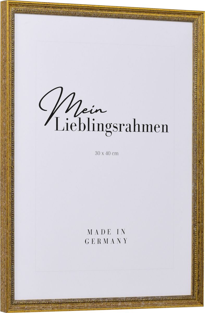 Seitenansicht eines klassischen, antiken Holzrahmens in der Farbe Altgold mit Perlkante 
