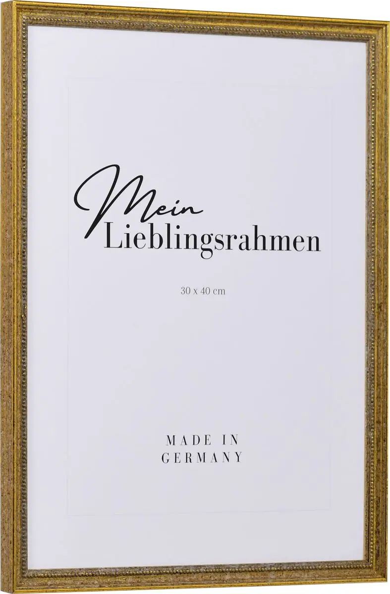Seitenansicht eines klassischen, antiken Holzrahmens in der Farbe Altgold mit Perlkante 