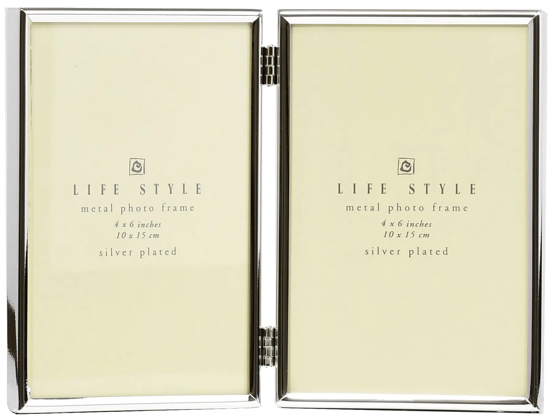 Frontansicht eines Silber Hochglanz Doppelrahmens aus Aluminium, der mit einem Scharnier zum Auf- und Zuklappen ausgestattet ist