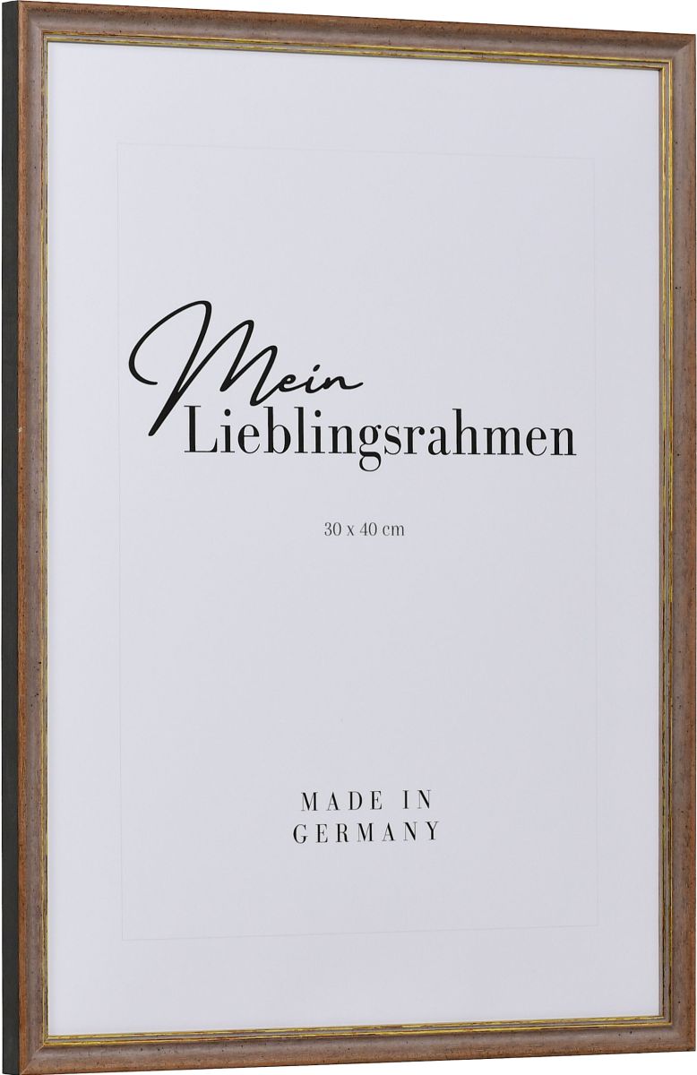 Seitenansicht eines braunen Retro Rahmens mit leicht aufgerauter Oberfläche und goldener Zierkante