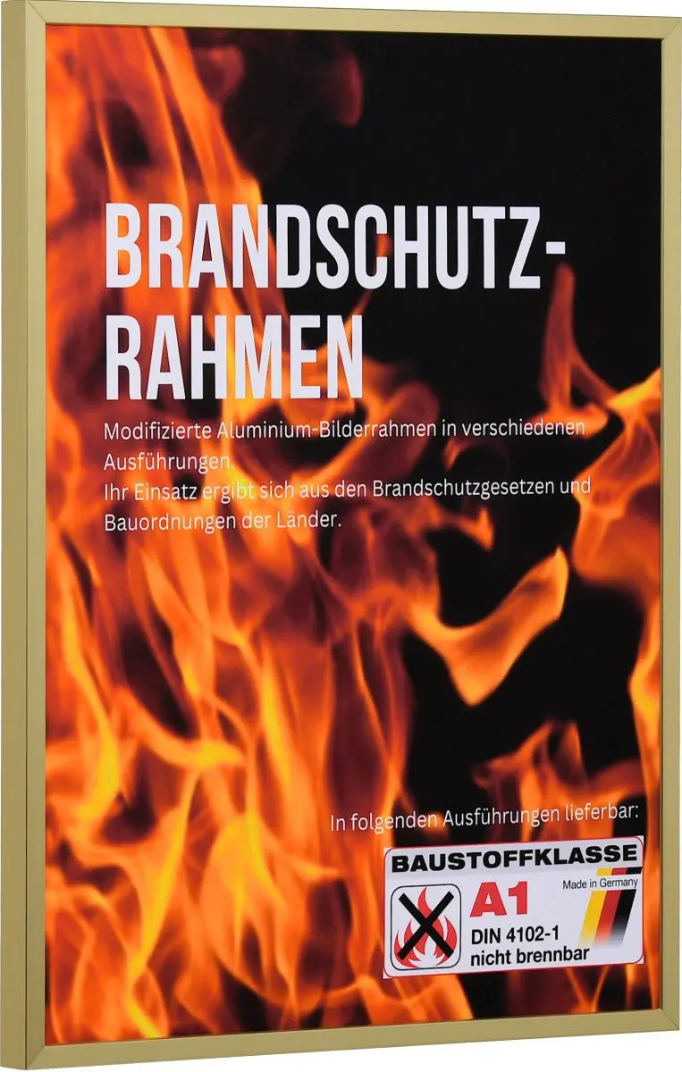 Seitenansicht eines goldenen, kantigen, stabilen Brandschutzrahmens aus eloxierten Aluminium