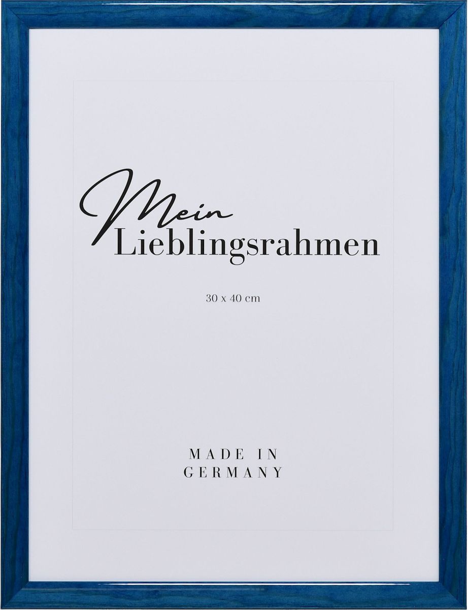 Frontansicht eines blauen Bilderrahmens mit glatter Hochglanz-Oberfläche und sichtbarer Holzstruktur