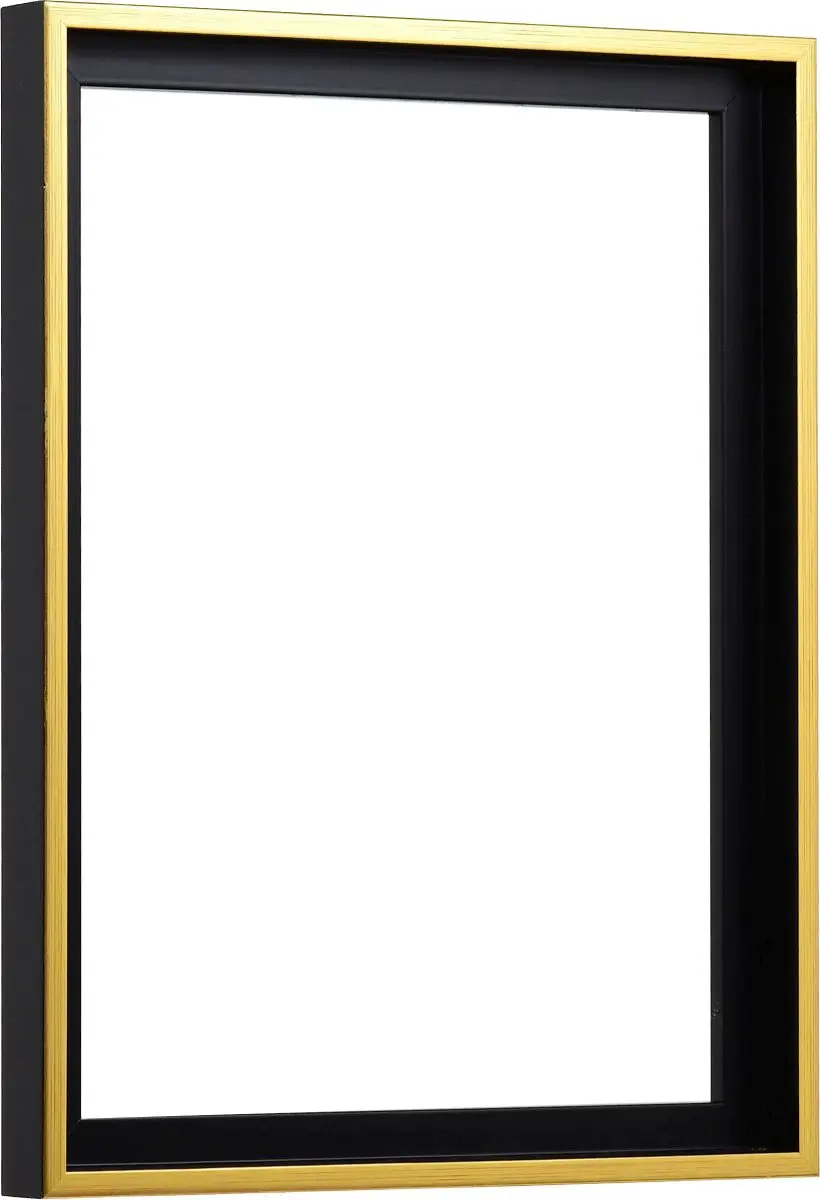 Seitenansicht eines modernen, dezenten Schattenfugenrahmens in Schwarz mit Goldkante