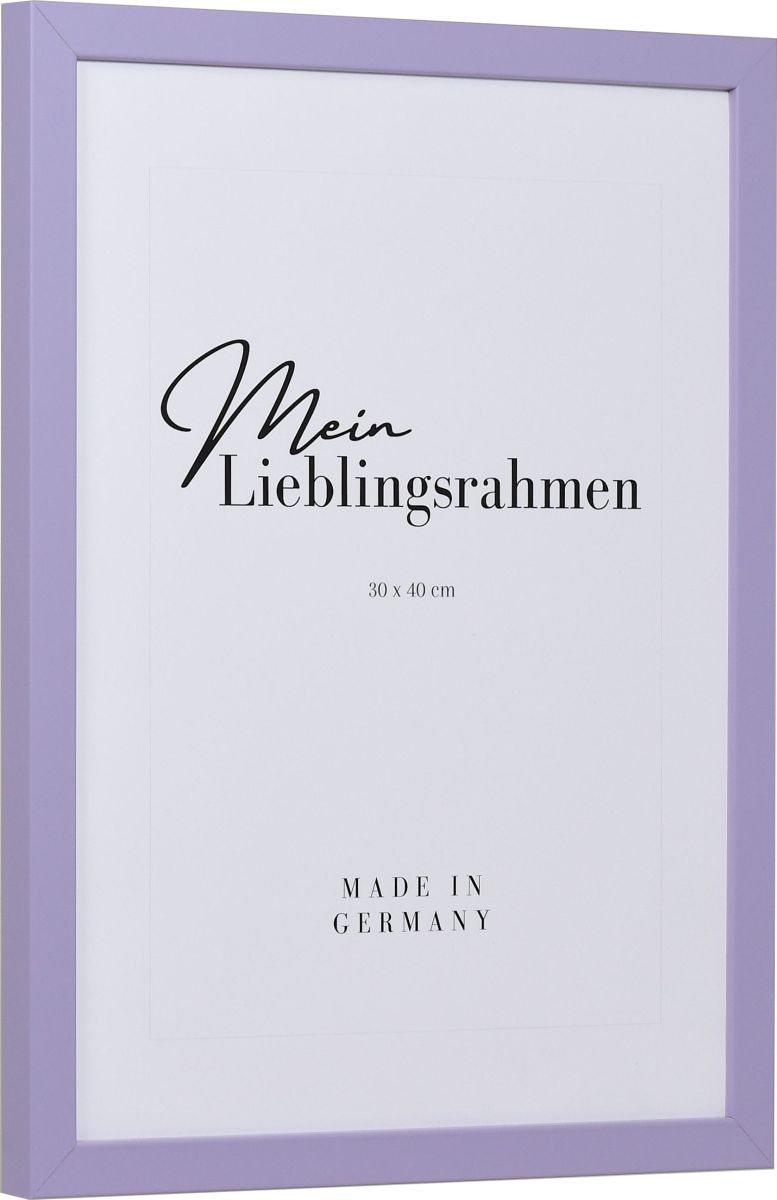 Seitenansicht eines fliederfarbenen Bilderrahmens mit geschlossener, glatter Oberfläche und würfelförmigem Profil
