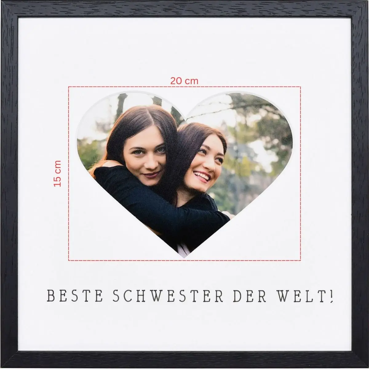 Skizze eines Fotos für ein herzförmiges Passeparpartout in schwarzem Bilderrahmen 30x30