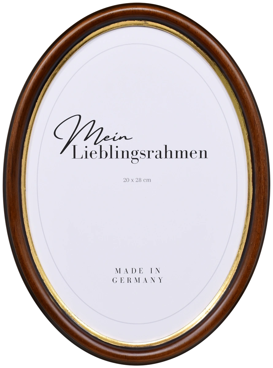 Frontansicht eines Ovalrahmens in der Farbe Braun mit Goldkante